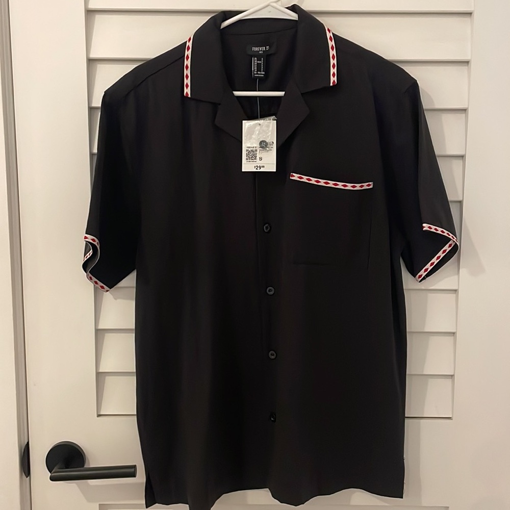 NWT Black Woven Button Down With Red Detailing